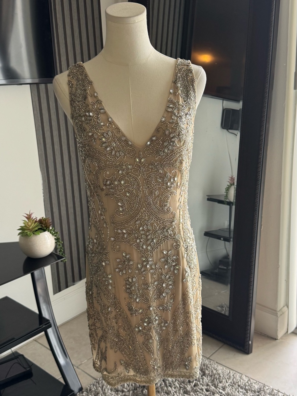 Beaded V-Neck Sheath Dress in Champagne